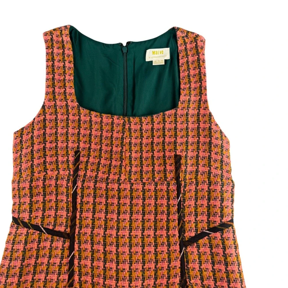 Maeve Anthropologie Pink Orange Houndstooth Tweed Shift Dress Square Neck Size 0